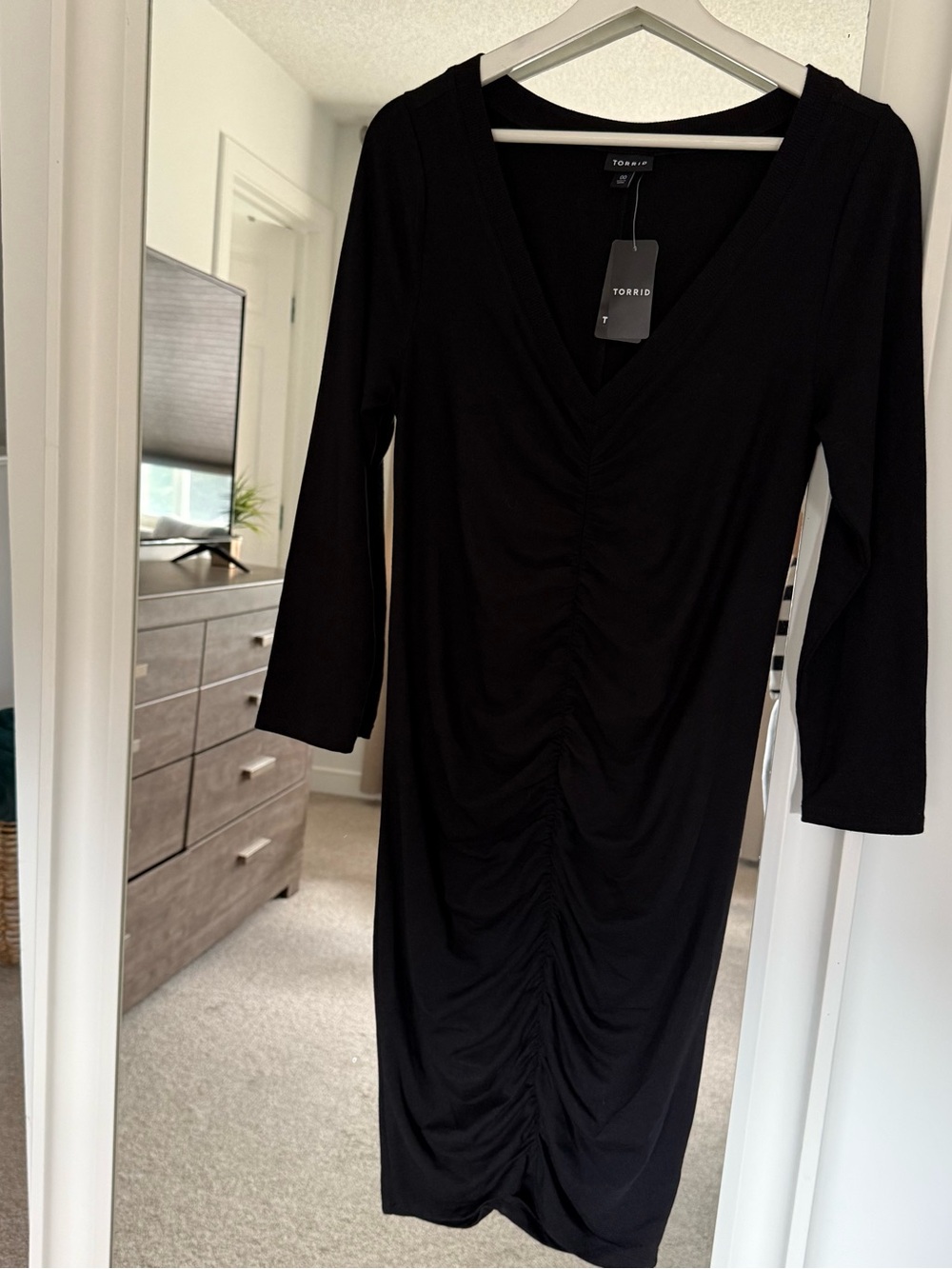 Torrid Black Ruched V-Neck Midi Dress with Three-Quarter Sleeves
